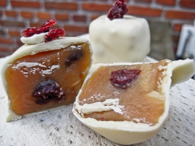 Flødekarameller med tranebær i rom, hakkede nødder og overtrukket med hvid chokolade