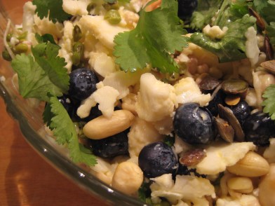 Blomkål med dijon-mayo, bønnespirer, blåbær, peanuts og koriander Blomkål med dijon-mayo, bønnespirer, blåbær, peanuts og koriander