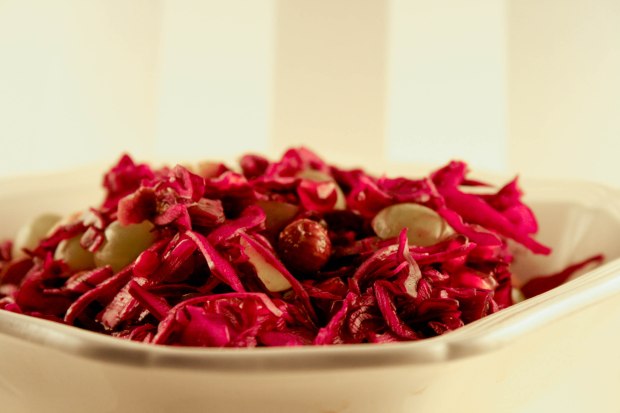 Rødkålsalat med granatæblekerner, dadler og nødder