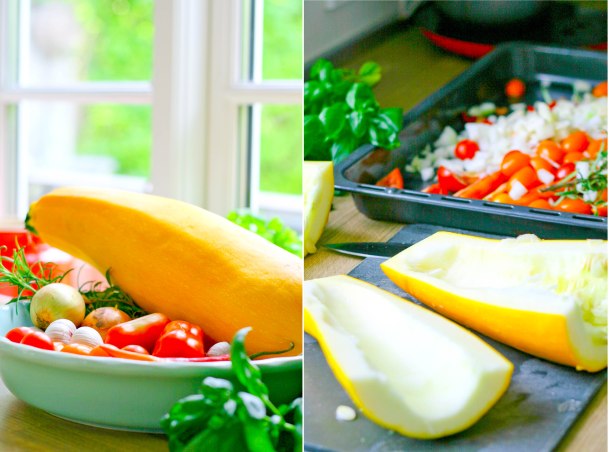 Langtidsbagt squash og tomat med parmesan