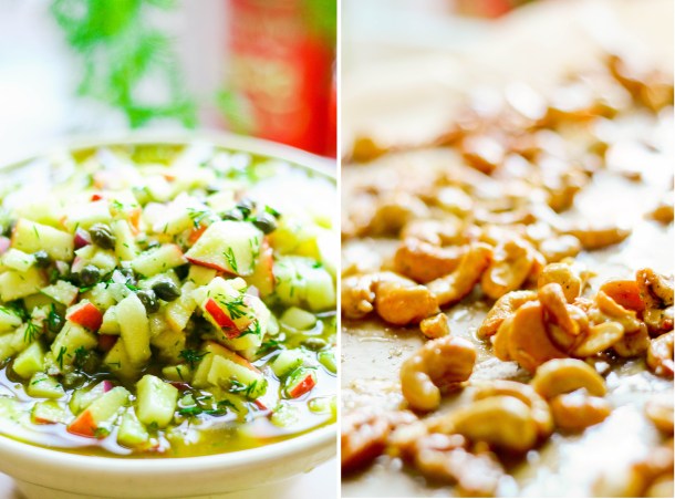 Grønkålsalat med honningristede cashewnødder og syltede rødløg