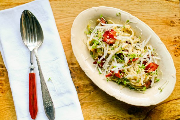 Spaghetti Carbonara med kinaradise og svampe-4