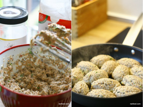 Tunfrikadeller med broccolimos og tomatsauce