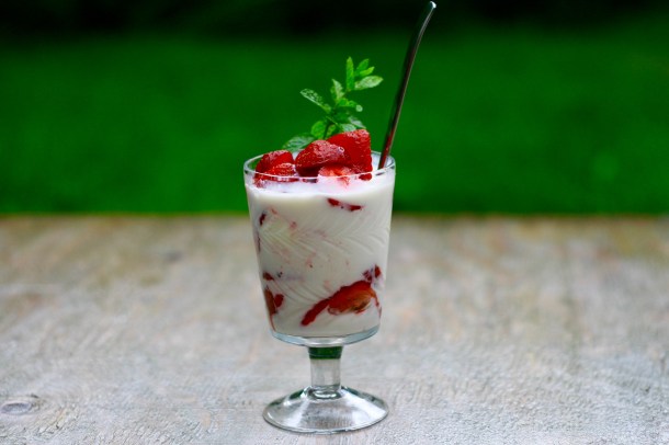 Jordbær med skyr/ proteincreme og vaniljeis