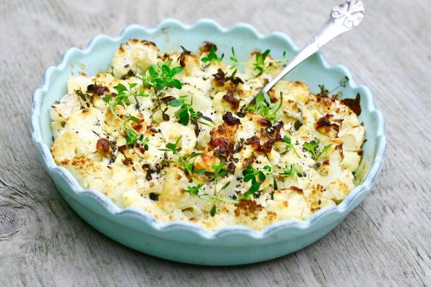 Blomkål bagt med flødeost, hvidløg og timian