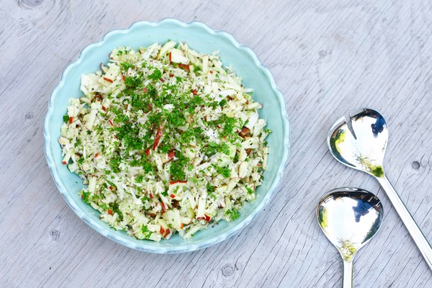 Råkost med spidskål, æble, persille og hasselnødder